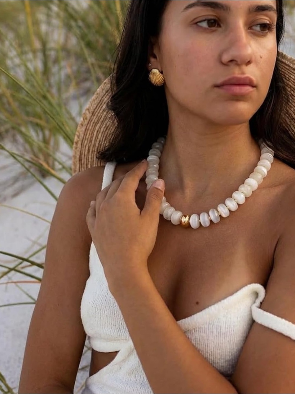 Gold Accent White Bead Choker Necklace - Picture 3 of 6